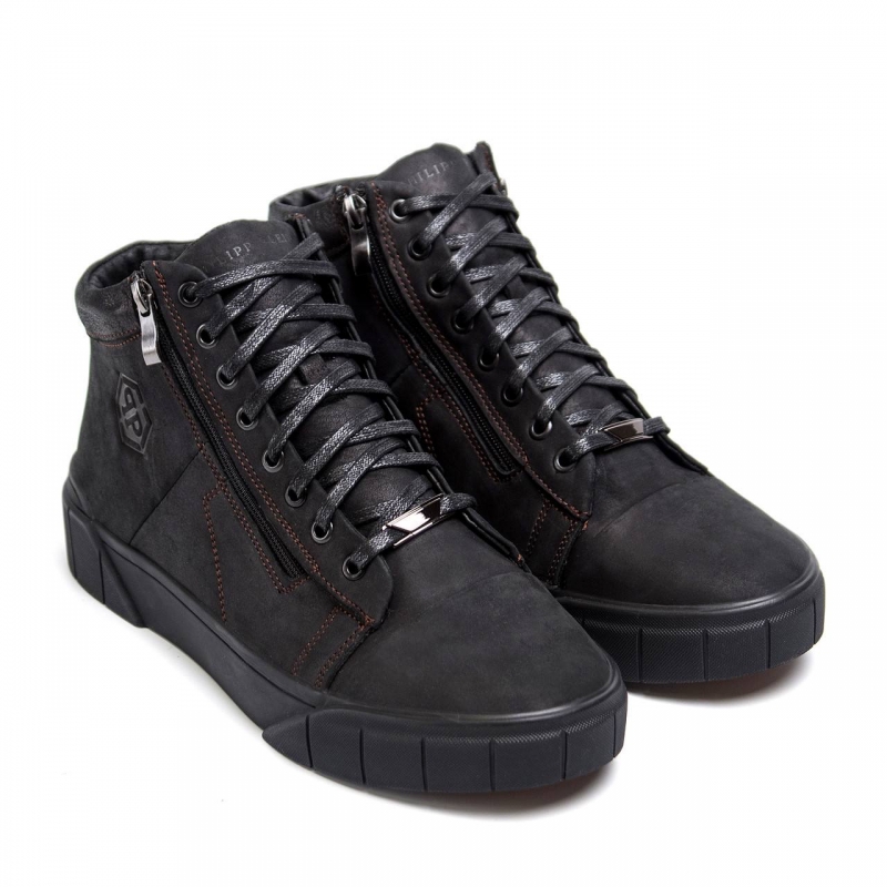 Мужские черные зимние кожаные ботинки Plein на молнии Т-878