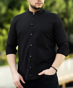 Мужская черная рубашка с дизайнерской застежкой и воротником стойка Р-1354