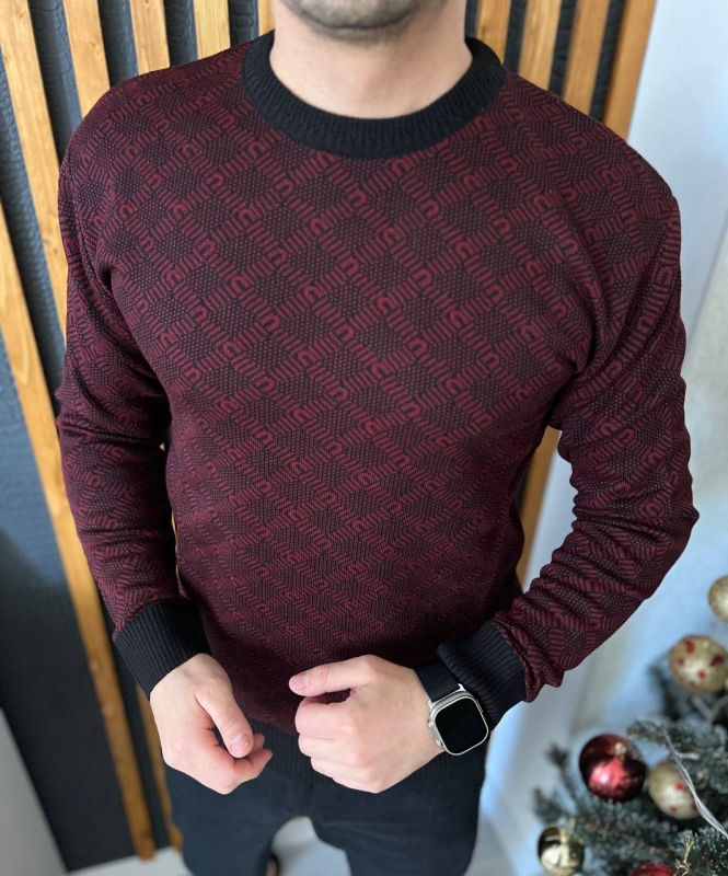Бордовый мужской свитер с черным воротником Т-1101