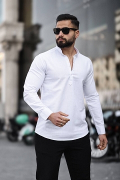 Белая мужская хлопковая рубашка под лён Р-1387