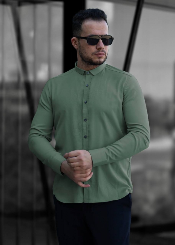 Стильная мужская рубашка с длинным рукавом темно зеленого оттенка Р-1404