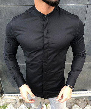 Модная черная мужская рубашка с длинным рукавом Р-1014