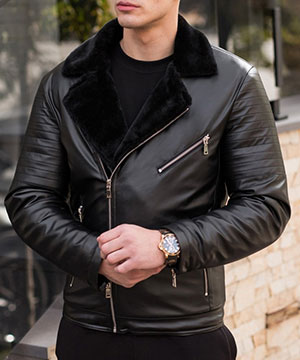 Зимняя мужская кожаная куртка с черным мехом К-761