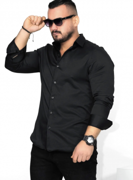 Черная мужская рубашка с классическим воротником слим фит Р-1225