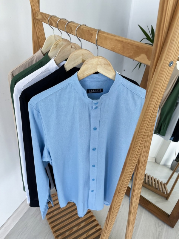 Голубая мужская рубашка со льна Р-1287