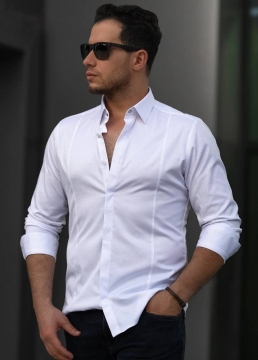 Белая приталенная мужская рубашка с закрытыми пуговицами Р-1305