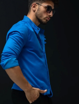 Синяя мужская рубашка с закрытой планкой для пуговиц Р-1315