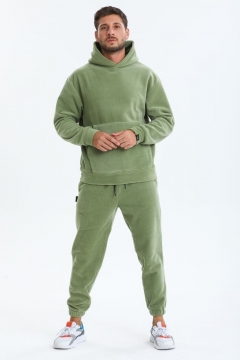 Модный зеленый флисовый спортивный костюм с капюшоном К-766
