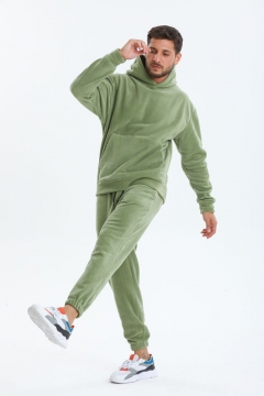 Модный зеленый флисовый спортивный костюм с капюшоном К-766