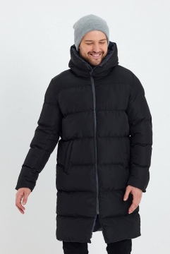 Черная длинная зимняя двухсторонняя куртка с капюшоном К-1170