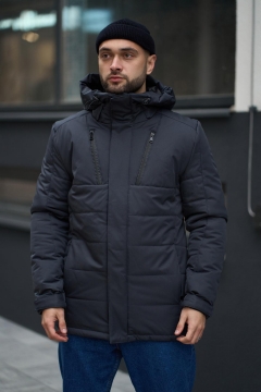 Стильна чоловіча темно-сіра зимова курточка з капюшоном К-1184
