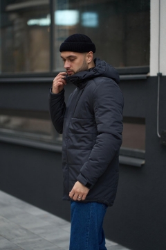 Стильна чоловіча темно-сіра зимова курточка з капюшоном К-1184
