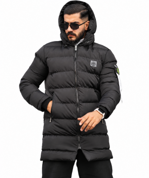 Черная зимняя стеганая куртка Stone island с капюшоном К-1217