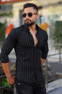 Черная мужская рубашка в полоску с длинным рукавом Р-1421