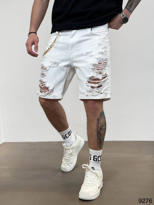 Белые мужские рваные джинсовые шорты с дырками С-590