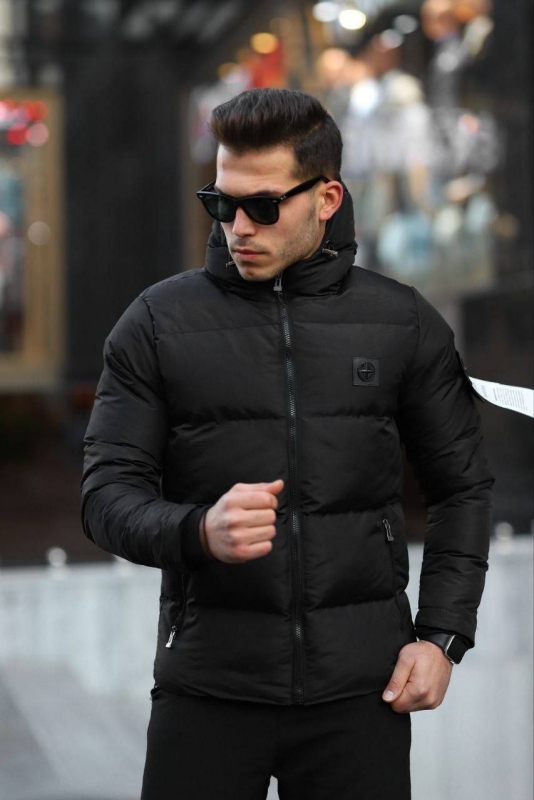 Чорна чоловіча куртка Stone Island на осінь зиму (білий логотип) К-885-1