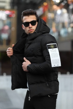 Чорна чоловіча куртка Stone Island на осінь зиму (білий логотип) К-885-1
