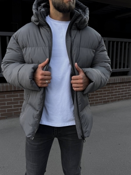 Серая мужская зимняя курточка на пуху с капюшоном К-1465