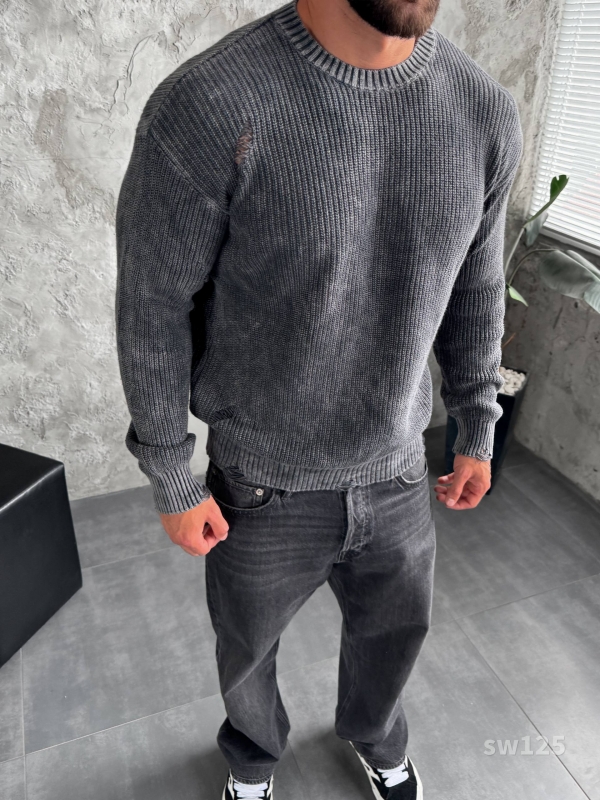 Темно серый модный рваный свитер свободного кроя Т-1282