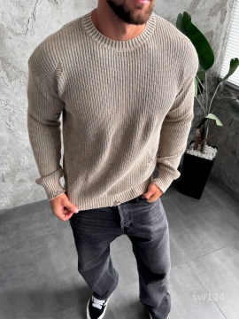 Бежевый модный свитер с дырками свободного кроя Т-1284