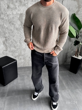 Бежевый модный свитер с дырками свободного кроя Т-1284