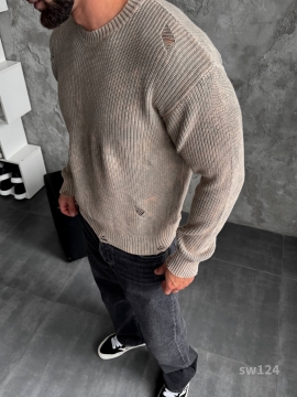 Бежевый модный свитер с дырками свободного кроя Т-1284