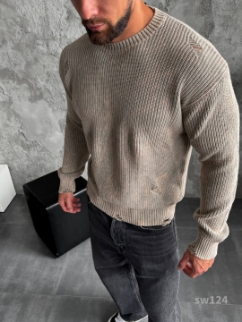 Бежевый модный свитер с дырками свободного кроя Т-1284