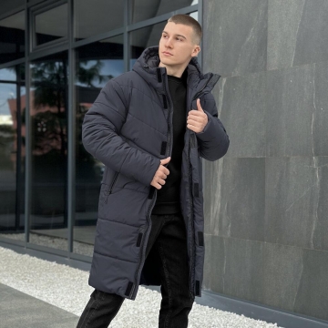 Довгий чоловічий темно-сірий пуховик з капюшоном К-1468