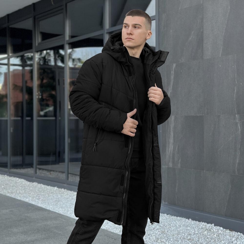 Чорна довга чоловіча зимова куртка з капюшоном К-1469
