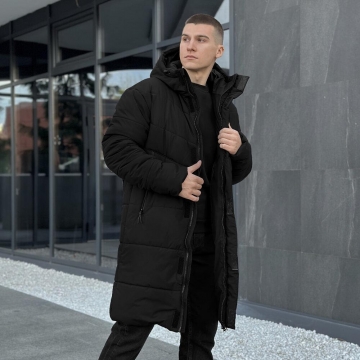 Чорна довга чоловіча зимова куртка з капюшоном К-1469