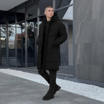 Чорна довга чоловіча зимова куртка з капюшоном К-1469