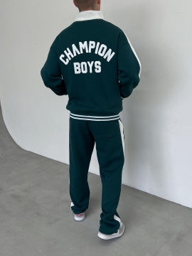 Теплий чоловічий оверсайз костюм Champion Boys на флісі у зеленому кольорі К-953