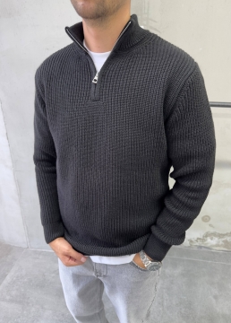 Вязаный черный мужской свитер с молнией под шею Т-1305