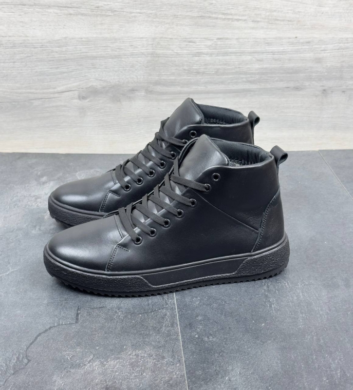 Чорні шкіряні класичні чоловічі зимові черевики з хутром Т-1018