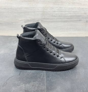 Чорні шкіряні класичні чоловічі зимові черевики з хутром Т-1018