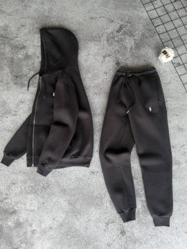 Теплый брендовый спортивный костюм графит с кофтой на молнии и капюшоном К-958