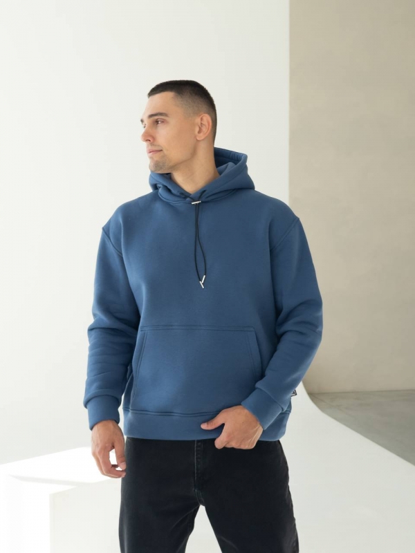 Темно синее мужское теплое худи на флисе с капюшоном Т-1317