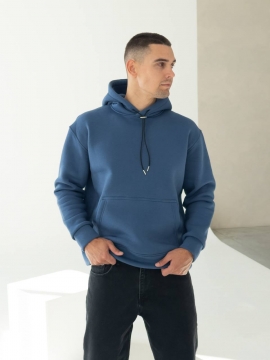 Темно синее мужское теплое худи на флисе с капюшоном Т-1317