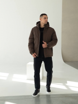 Коричнева чоловіча куртка на зиму з капюшоном К-1537