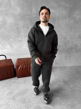 Теплий чоловічий спортивний костюм на блискавці графіт із капюшоном на флісі К-960