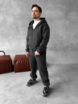 Теплий чоловічий спортивний костюм на блискавці графіт із капюшоном на флісі К-960