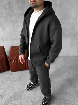 Теплий чоловічий спортивний костюм на блискавці графіт із капюшоном на флісі К-960