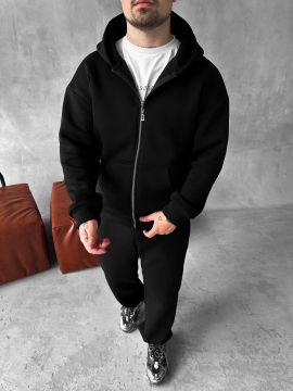 Зимовий чорний спортивний костюм на блискавці з капюшоном на флісі К-961