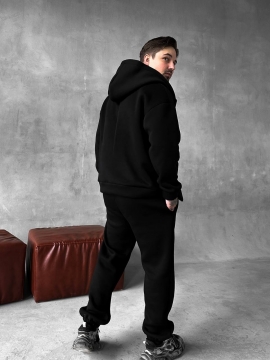 Зимовий чорний спортивний костюм на блискавці з капюшоном на флісі К-961