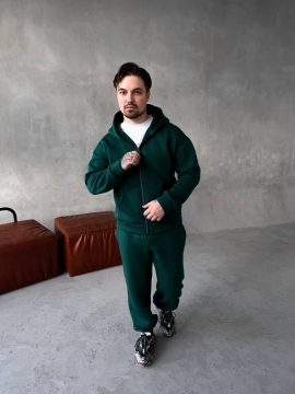 Темно зеленый мужской спортивный зимний костюм оверсайз с капюшоном К-962
