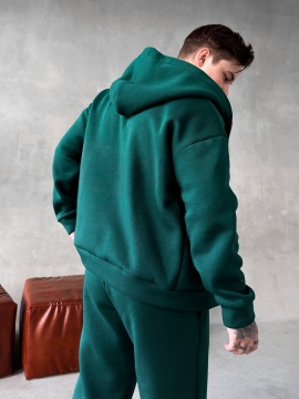 Темно зеленый мужской спортивный зимний костюм оверсайз с капюшоном К-962