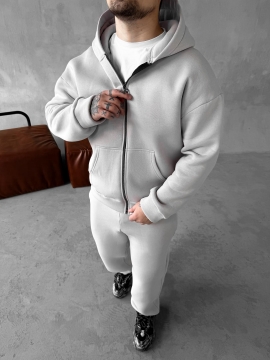 Светло серый теплый спортивный костюм на флисе на молнии К-963