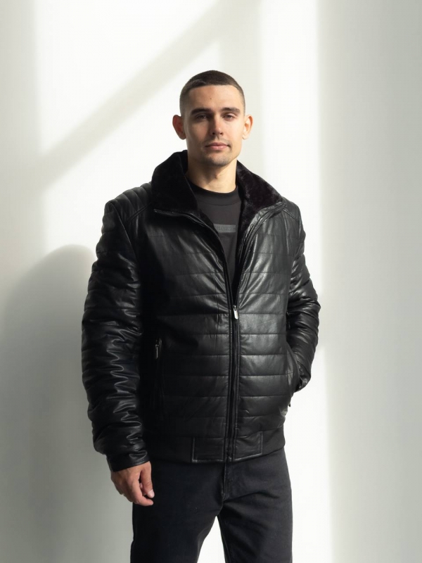 Кожаная мужская теплая зимняя стеганая куртка с мехом К-1540