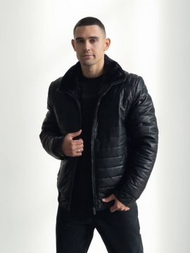 Кожаная мужская теплая зимняя стеганая куртка с мехом К-1540