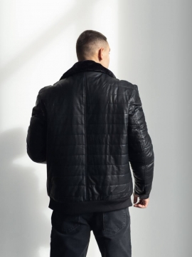 Кожаная мужская теплая зимняя стеганая куртка с мехом К-1540